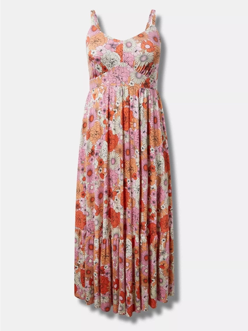 Tiered Floral Spaghetti-Strap Maxi Dress in Pink & Orange